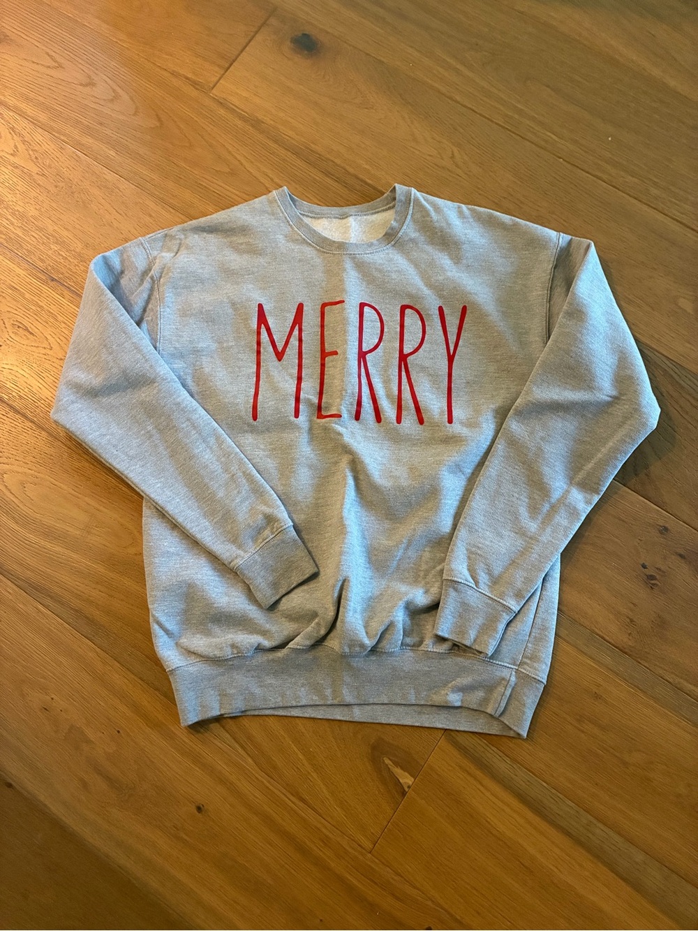 Merry Graphic Crewneck Sweater - Light Gray with Red Text